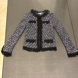 Maje Black and Blue Textured Fringe Cardigan with silver sparkle threading.